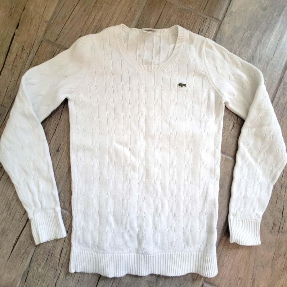 LACOSTE WHITE CREWNECK CABLE KNIT SWEATER SIZE XS